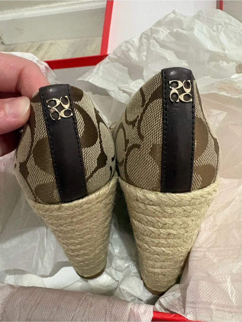 Coach Signature Canvas Peep-Toe Wedge in Beige and Brown